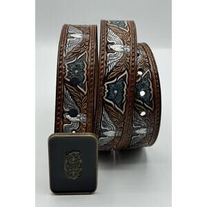 Allison Daniel Designs Brown Silver Blue Embossed Leather Belt Black Buckle 36